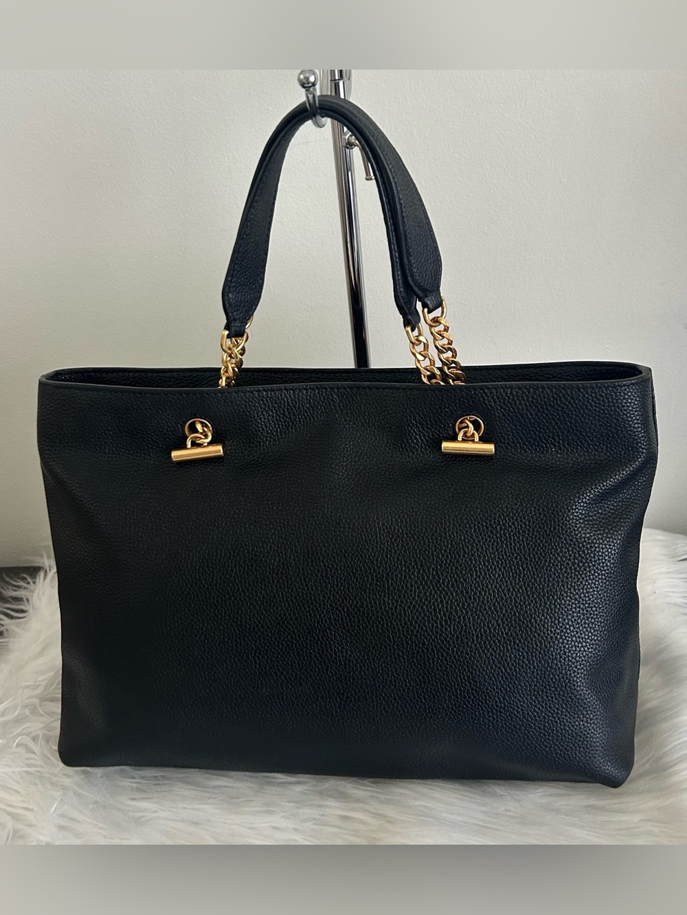 Tory Burch Black Pebbled Leather Chain Tote Shoulder Bag Large everyday purse - Picture 7 of 11